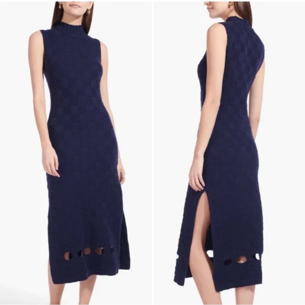 STAUD Checkered Knit Midi Dress